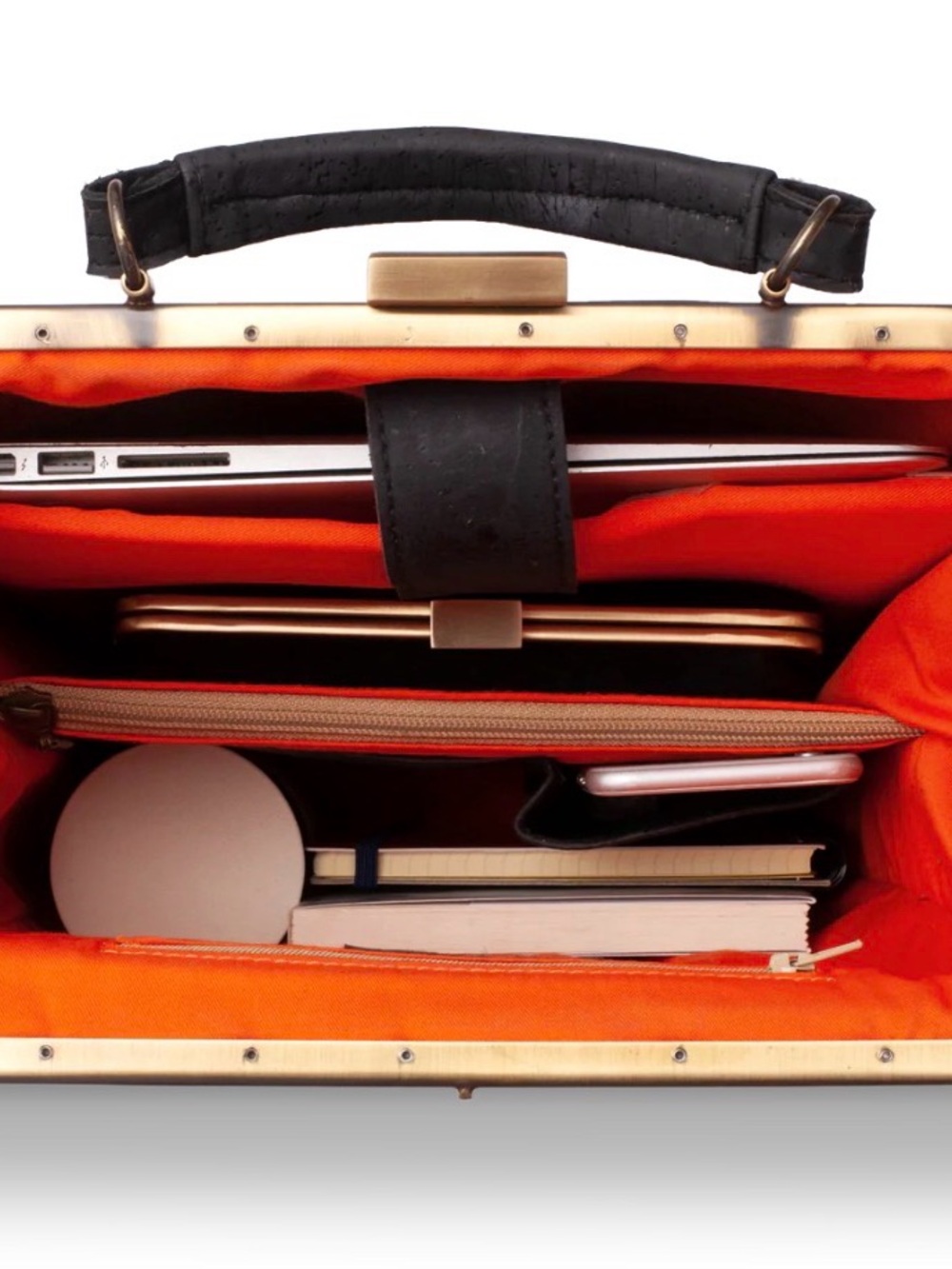 Structured Top-Handle Bag in Black with Bright Orange Interior